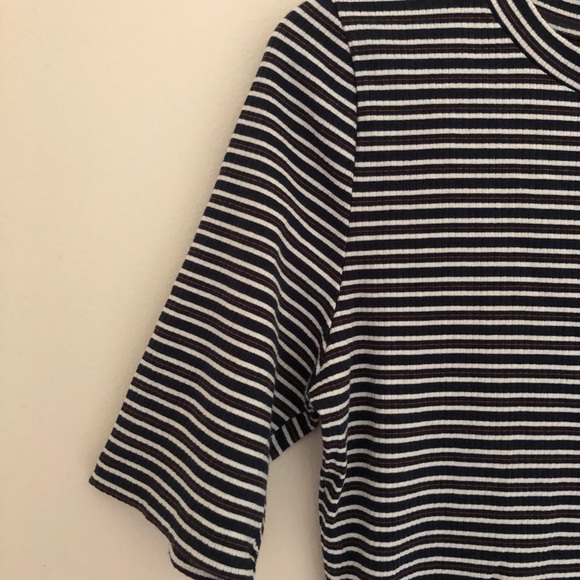 Navy & Brown Stripe ribbed tee with elbow length sleeve - Picture 3 of 3